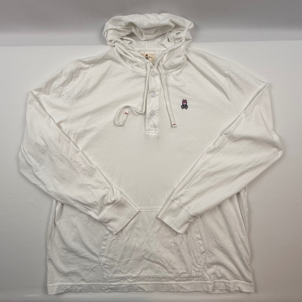 Psycho Bunny Mens Large White Pima Cotton Henley Hoodie Long Sleeve RN125028